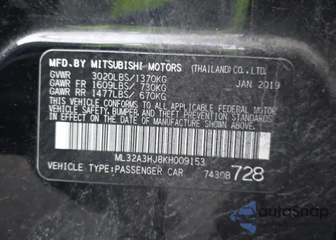 2019 Mitsubishi Mirage Rf z USA, uszkodzony, nr VIN ML32A3HJ8KH009153